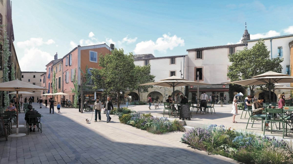 Vue de projet d’une place rénovée avec terrasses, piétons et plantations au centre de Lunel