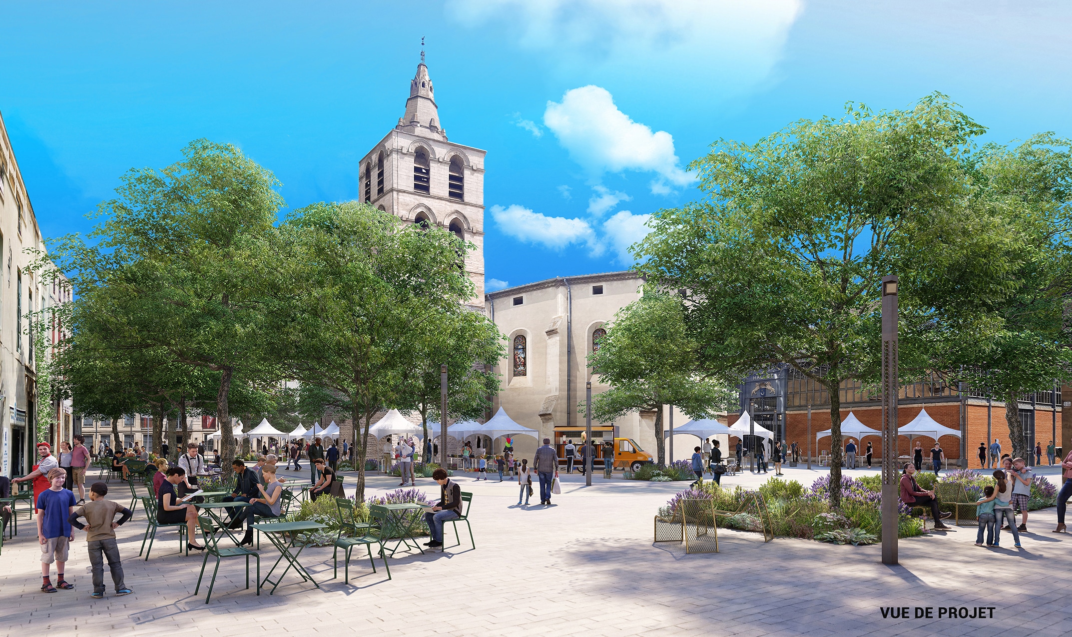 Vue de projet d’une grande place avec marché, arbres et clocher en arrière-plan à Lunel